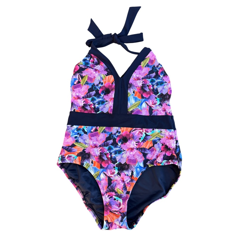 Lands End Womens Floral Halter One Piece Swimsuit Navy Purple Pink Size 4